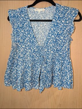 See The Shade Blue Floral Tie-Front Ruffle Sleeve Women's Top